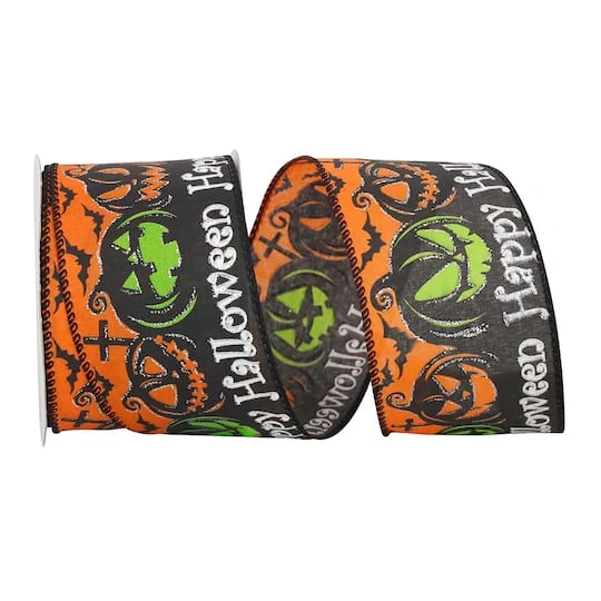 Reliant 2.5" X 10yd. Orange Spooky Halloween Jack-o-Lantern Wired Ribbon 1 Reliant 2.5" X 10yd. Orange Spooky Halloween Jack-o-Lantern Wired Ribbon