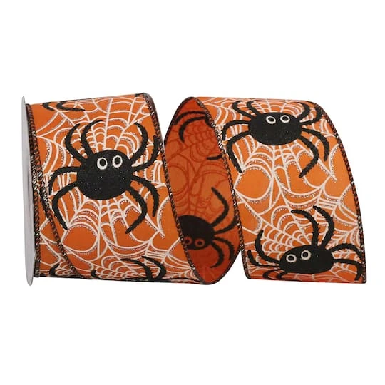 Reliant 2.5" X 10yd. Orange Spider Web Glitter Halloween Wired Ribbon 1 Reliant 2.5" X 10yd. Orange Spider Web Glitter Halloween Wired Ribbon