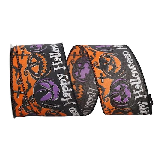 Reliant 2.5" X 10yd. Orange & Purple Spooky Halloween Jack-o-Lantern Wired Ribbon 1 Reliant 2.5" X 10yd. Orange & Purple Spooky Halloween Jack-o-Lantern Wired Ribbon