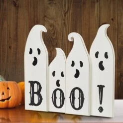 Glitzhome® 12" Ghost Halloween Wooden Table Decor -Halloween Decor Shop D403314S 2