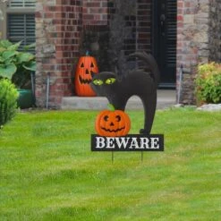 Glitzhome® 32" Lighted Metal Halloween Black Cat Yard Stake -Halloween Decor Shop D403334S 2