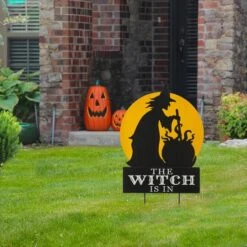 Glitzhome® 30" Black & Orange The Witch Is In Halloween Yard Stake -Halloween Decor Shop D403338S 2