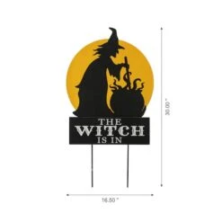 Glitzhome® 30" Black & Orange The Witch Is In Halloween Yard Stake -Halloween Decor Shop D403338S 3