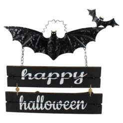 Northlight 17" Black Bat & Happy Halloween Metal Hanging Sign
