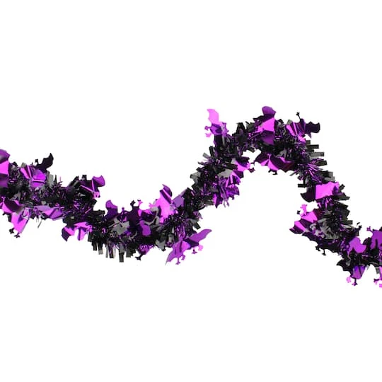 Northlight 50ft. Black & Purple Bats Halloween Tinsel Garland 2 Northlight 50ft. Black & Purple Bats Halloween Tinsel Garland - Image 2