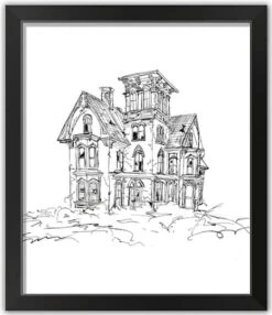 Haunted House Sketch Halloween Print In Black Frame