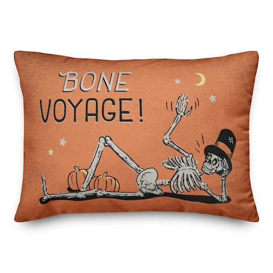 Bone Voyage Retro Skeleton Throw Pillow 1 Bone Voyage Retro Skeleton Throw Pillow
