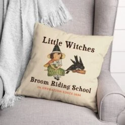 Lil Witch Broom Riding School Spun Poly Throw Pillow -Halloween Decor Shop D442953S 2