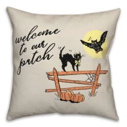 Retro Black Cat & Owl Welcome To Our Patch Spun Poly Throw Pillow