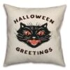 Retro Black Cat Halloween Greetings Throw Pillow 9 Retro Black Cat Halloween Greetings Throw Pillow -Halloween Decor Shop D442958S 1