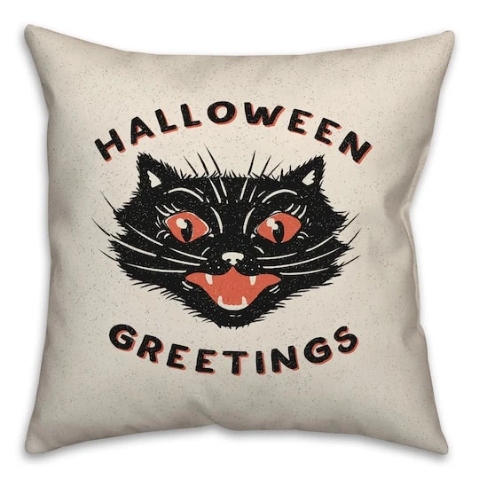 Retro Black Cat Halloween Greetings Throw Pillow 1 Retro Black Cat Halloween Greetings Throw Pillow
