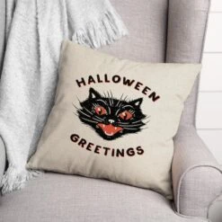 Retro Black Cat Halloween Greetings Throw Pillow 7 Retro Black Cat Halloween Greetings Throw Pillow -Halloween Decor Shop D442958S 3