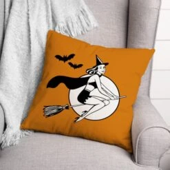 Retro Witch On Orange Spun Poly Throw Pillow 5 Retro Witch On Orange Spun Poly Throw Pillow -Halloween Decor Shop D442961S 2
