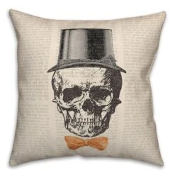 Skull Tophat Newspaper Bowtie Spun Poly Throw Pillow