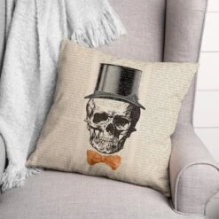 Skull Tophat Newspaper Bowtie Spun Poly Throw Pillow -Halloween Decor Shop D442964S 2