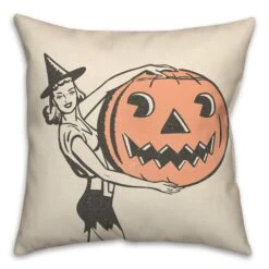 Vintage Witch & Pumpkins Throw Pillow