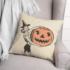 Vintage Witch & Pumpkins Throw Pillow -Halloween Decor Shop D442967S 2