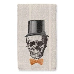 Skull Tophat Newspaper Bowtie Tea Towel Set 8 Skull Tophat Newspaper Bowtie Tea Towel Set -Halloween Decor Shop D443097S 2