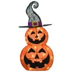 19" Orange LED Stacked Pumpkins With Witch Hat Halloween Decor