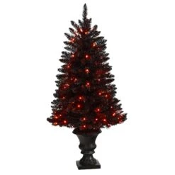 4ft. Black Artificial Halloween Tree In Urn, Orange LED Lights