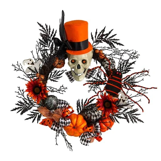 30" Spider & Skull With Top Hat Halloween Wreath 2 30" Spider & Skull With Top Hat Halloween Wreath - Image 2