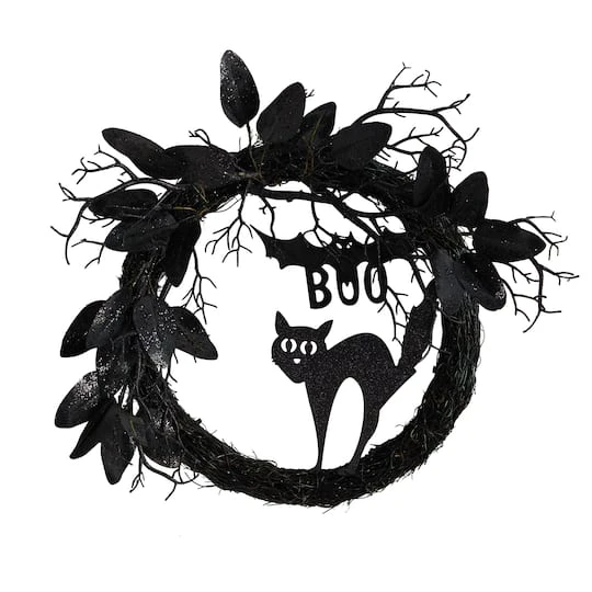 22" Halloween Black Cat & Bat Boo Twig Wreath 2 22" Halloween Black Cat & Bat Boo Twig Wreath - Image 2