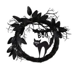 22" Halloween Black Cat & Bat Boo Twig Wreath
