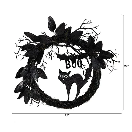 22" Halloween Black Cat & Bat Boo Twig Wreath 3 22" Halloween Black Cat & Bat Boo Twig Wreath - Image 3