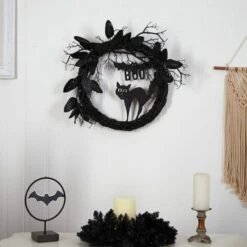 22" Halloween Black Cat & Bat Boo Twig Wreath 8 22" Halloween Black Cat & Bat Boo Twig Wreath -Halloween Decor Shop D479106S 3