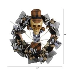 24" Halloween Skull In Plaid Mesh Wreath -Halloween Decor Shop D479107S 2