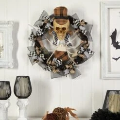24" Halloween Skull In Plaid Mesh Wreath -Halloween Decor Shop D479107S 3
