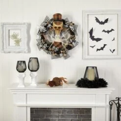 24" Halloween Skull In Plaid Mesh Wreath -Halloween Decor Shop D479107S 4