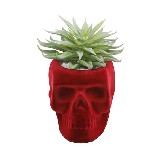 Flora Bunda® Succulent In Burgundy Flocked Ceramic Skull 2 Flora Bunda® Succulent In Burgundy Flocked Ceramic Skull - Image 2