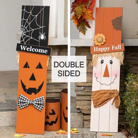 Glitzhome® 36" Double Sided Wooden Scarecrow & Pumpkin Porch Décor For Halloween & Fall 3 Glitzhome® 36" Double Sided Wooden Scarecrow & Pumpkin Porch Décor For Halloween & Fall - Image 3