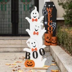 Glitzhome® 37.5" Halloween Wooden Stacked Ghost Porch Décor 11 Glitzhome® 37.5" Halloween Wooden Stacked Ghost Porch Décor -Halloween Decor Shop D645634S 2