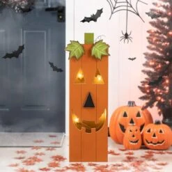 Glitzhome® 30" Lighted Halloween Wooden Pumpkin Porch Décor With Timer -Halloween Decor Shop D645636S 12