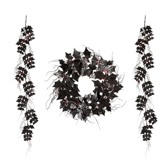 Glitzhome® Lighted Halloween Bat Garland & Wreath Set 2 Glitzhome® Lighted Halloween Bat Garland & Wreath Set - Image 2
