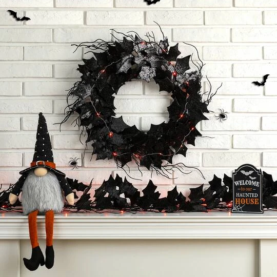 Glitzhome® Lighted Halloween Bat Garland & Wreath Set 4 Glitzhome® Lighted Halloween Bat Garland & Wreath Set - Image 4