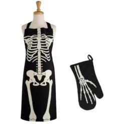 Skeleton Print Apron & Oven Mitt Kitchen Set