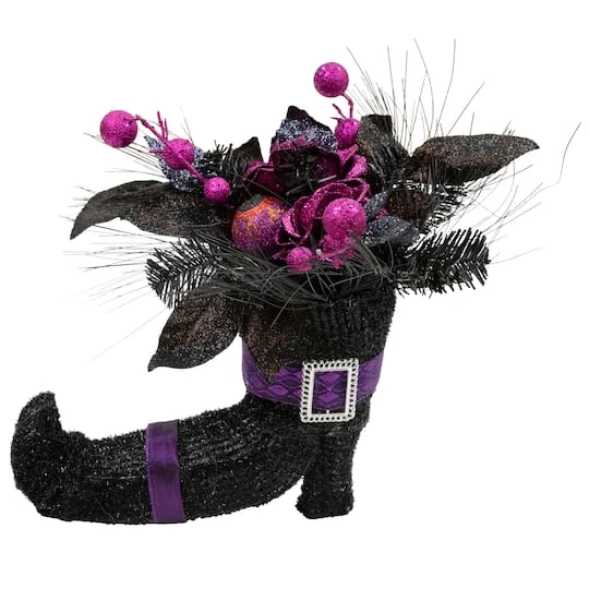 Northlight 12" Black Witch's Boot With Purple Glittered Roses Halloween Decoration 2 Northlight 12" Black Witch's Boot With Purple Glittered Roses Halloween Decoration - Image 2