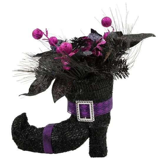 Northlight 12" Black Witch's Boot With Purple Glittered Roses Halloween Decoration 3 Northlight 12" Black Witch's Boot With Purple Glittered Roses Halloween Decoration - Image 3