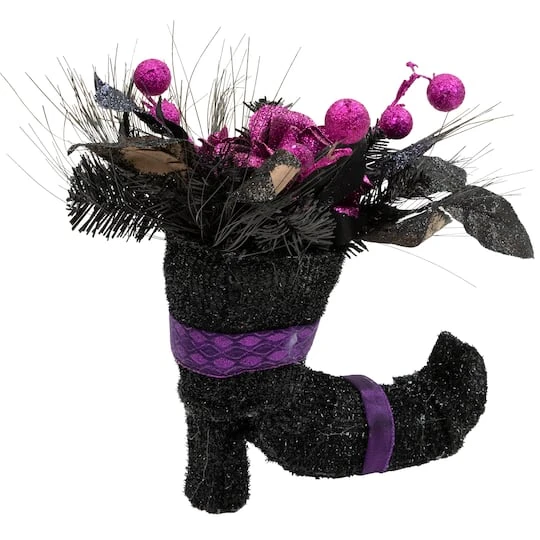 Northlight 12" Black Witch's Boot With Purple Glittered Roses Halloween Decoration 4 Northlight 12" Black Witch's Boot With Purple Glittered Roses Halloween Decoration - Image 4