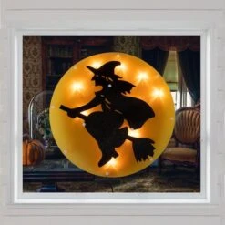 Northlight 13.75" Lighted Witch On Broomstick Halloween Window Silhouette -Halloween Decor Shop D668634S 2