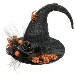 Northlight 16" Black Tinsel Witch's Hat With Orange Glittered Roses Halloween Decoration -Halloween Decor Shop D668639S 2