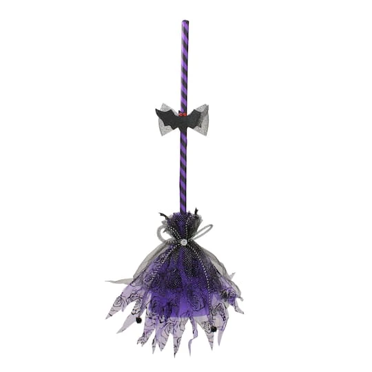 Northlight 29" Purple & Black Striped Animated Witches Halloween Broom With Bat Accents 1 Northlight 29" Purple & Black Striped Animated Witches Halloween Broom With Bat Accents