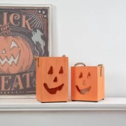 Northlight 6" Orange Wood Jack-O-Lantern Halloween Candle Lantern -Halloween Decor Shop D668667S 2