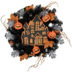 Northlight 24'' Unlit Orange And Black Haunted House Halloween Wreath