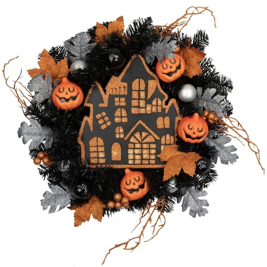 Northlight 24'' Unlit Orange And Black Haunted House Halloween Wreath 1 Northlight 24'' Unlit Orange And Black Haunted House Halloween Wreath