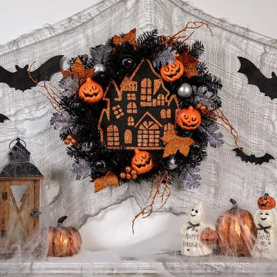 Northlight 24'' Unlit Orange And Black Haunted House Halloween Wreath 3 Northlight 24'' Unlit Orange And Black Haunted House Halloween Wreath - Image 3