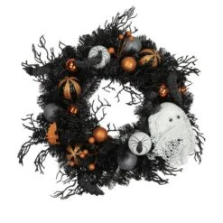 Northlight 24'' Unlit Orange Ornaments And Ghost Halloween Pine Wreath